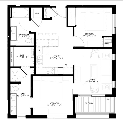 Floor plan for 2 beds, 2 baths, 973 sqft